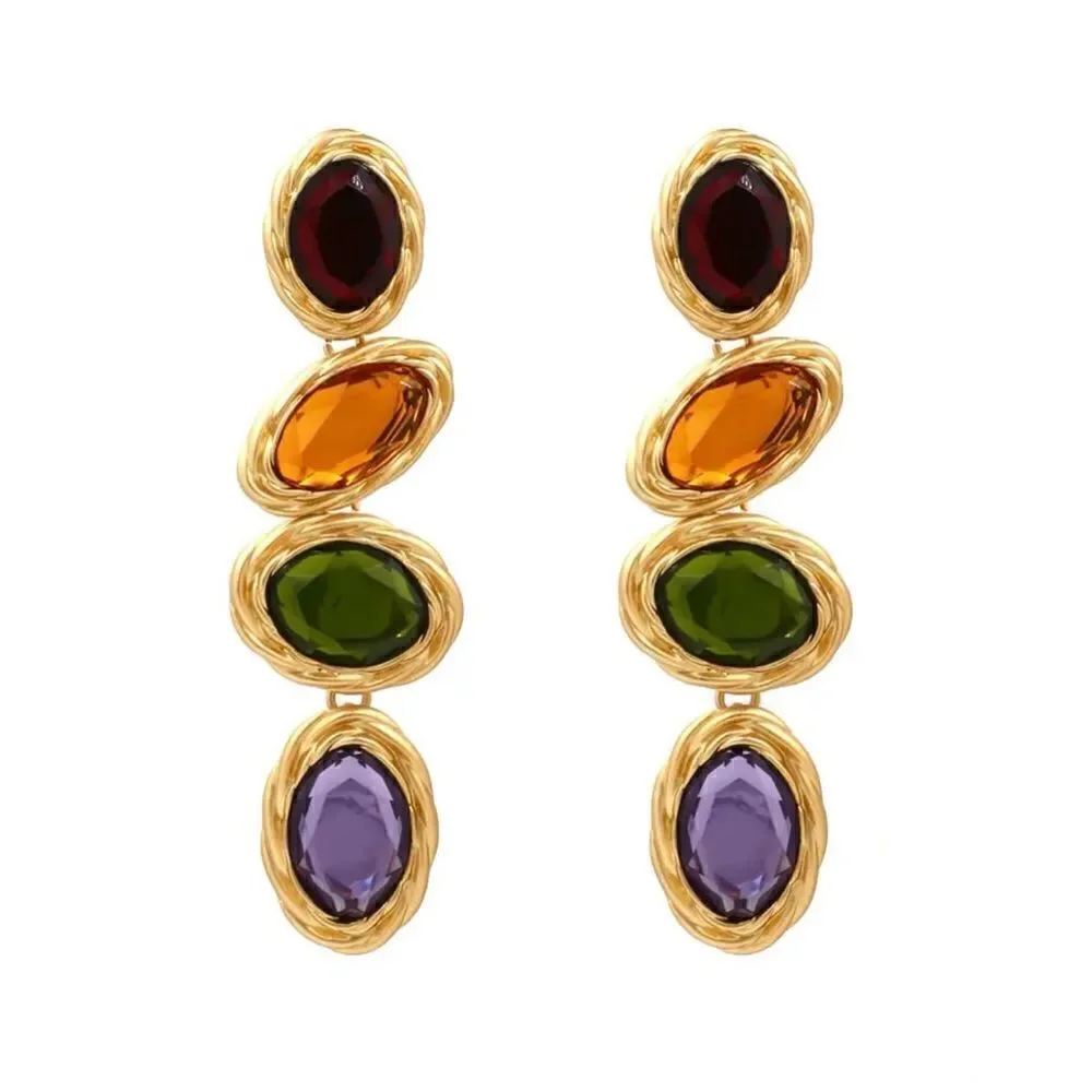 Zara Multicolor Gem Drop Earrings - Red, Orange, Yellow, Green, Purple